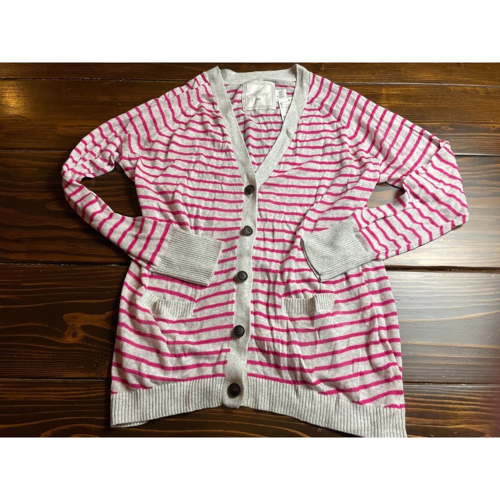 L.O.G.G. Cardigan Sweater Woman's Size M Pink Gray Striped Buttoned Ribbed Edges